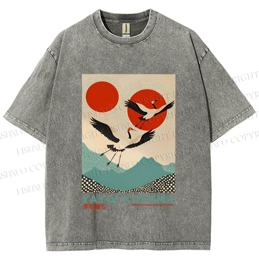 Unisex Yayoi Kusama Crane Bird Printed Washed Tee