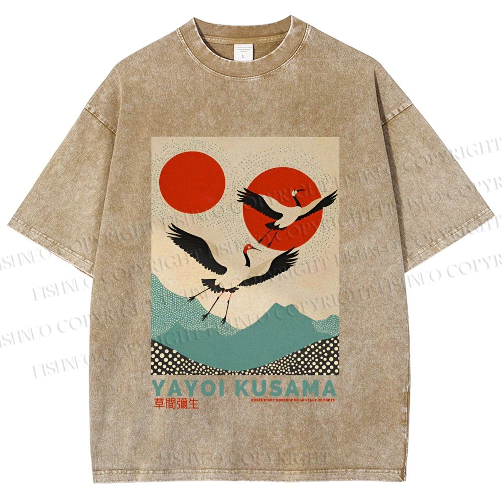 Unisex Yayoi Kusama Crane Bird Printed Washed Tee