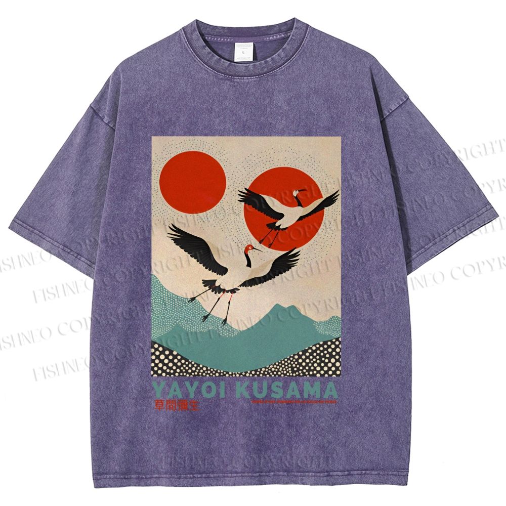 Unisex Yayoi Kusama Crane Bird Printed Washed Tee
