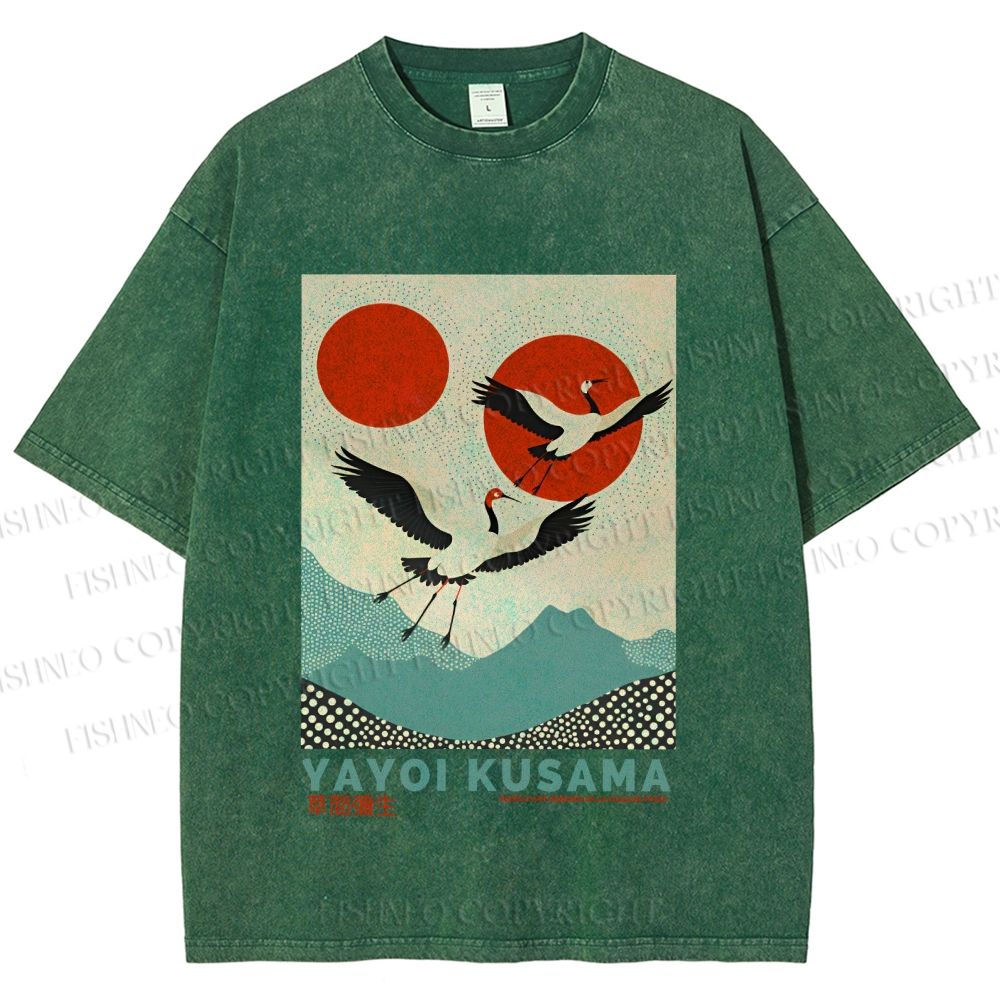Unisex Yayoi Kusama Crane Bird Printed Washed Tee