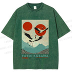 Unisex Yayoi Kusama Crane Bird Printed Washed Tee
