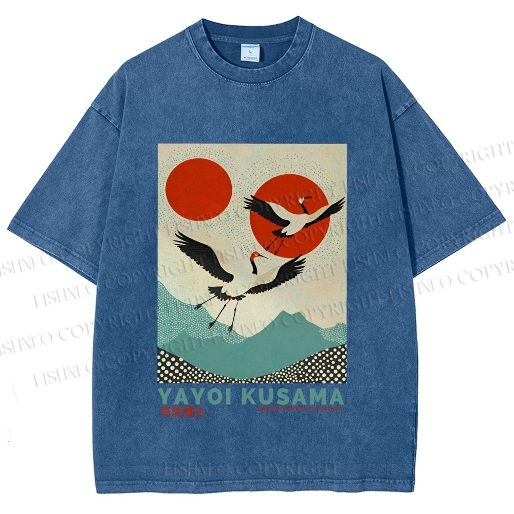 Unisex Yayoi Kusama Crane Bird Printed Washed Tee