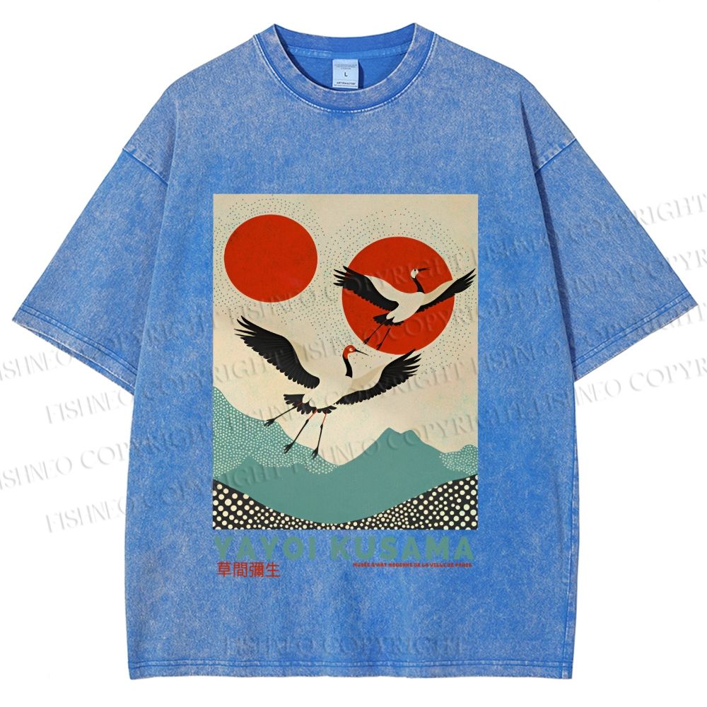 Unisex Yayoi Kusama Crane Bird Printed Washed Tee