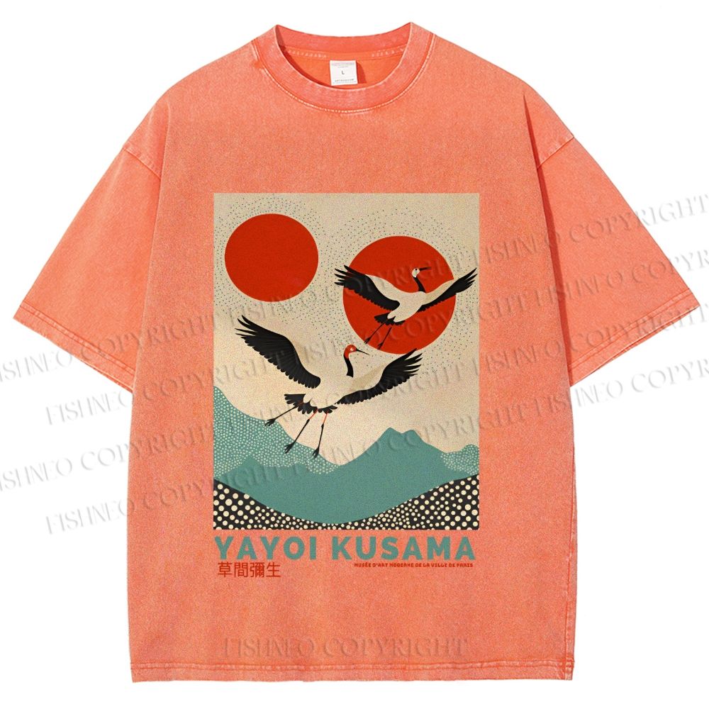 Unisex Yayoi Kusama Crane Bird Printed Washed Tee