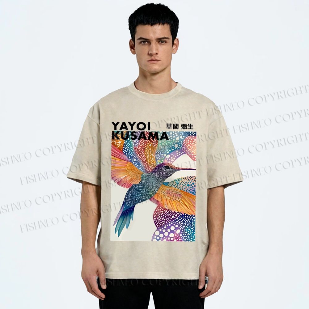 Unisex Yayoi Kusama Bird Printed Washed Tee