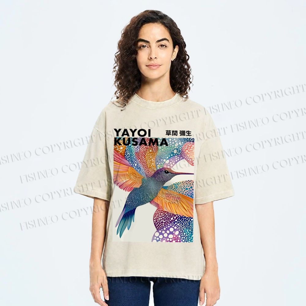 Unisex Yayoi Kusama Bird Printed Washed Tee