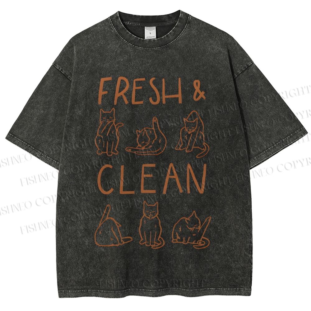 Unisex Fresh & Clean Cat Printed Washed Tee