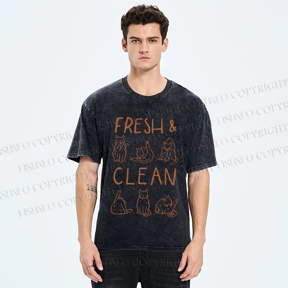Unisex Fresh & Clean Cat Printed Washed Tee