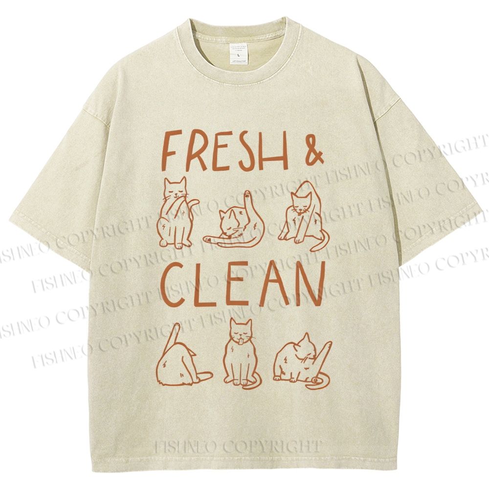 Unisex Fresh & Clean Cat Printed Washed Tee