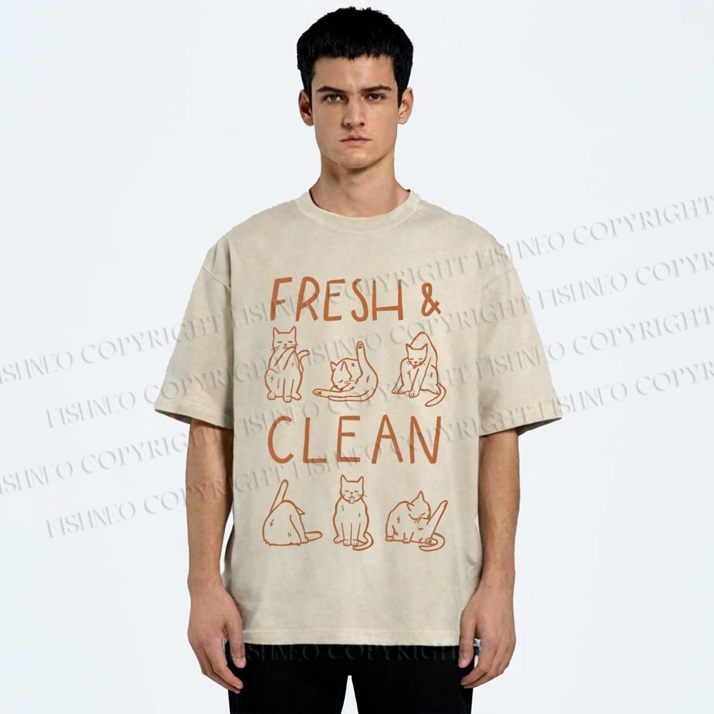 Unisex Fresh & Clean Cat Printed Washed Tee