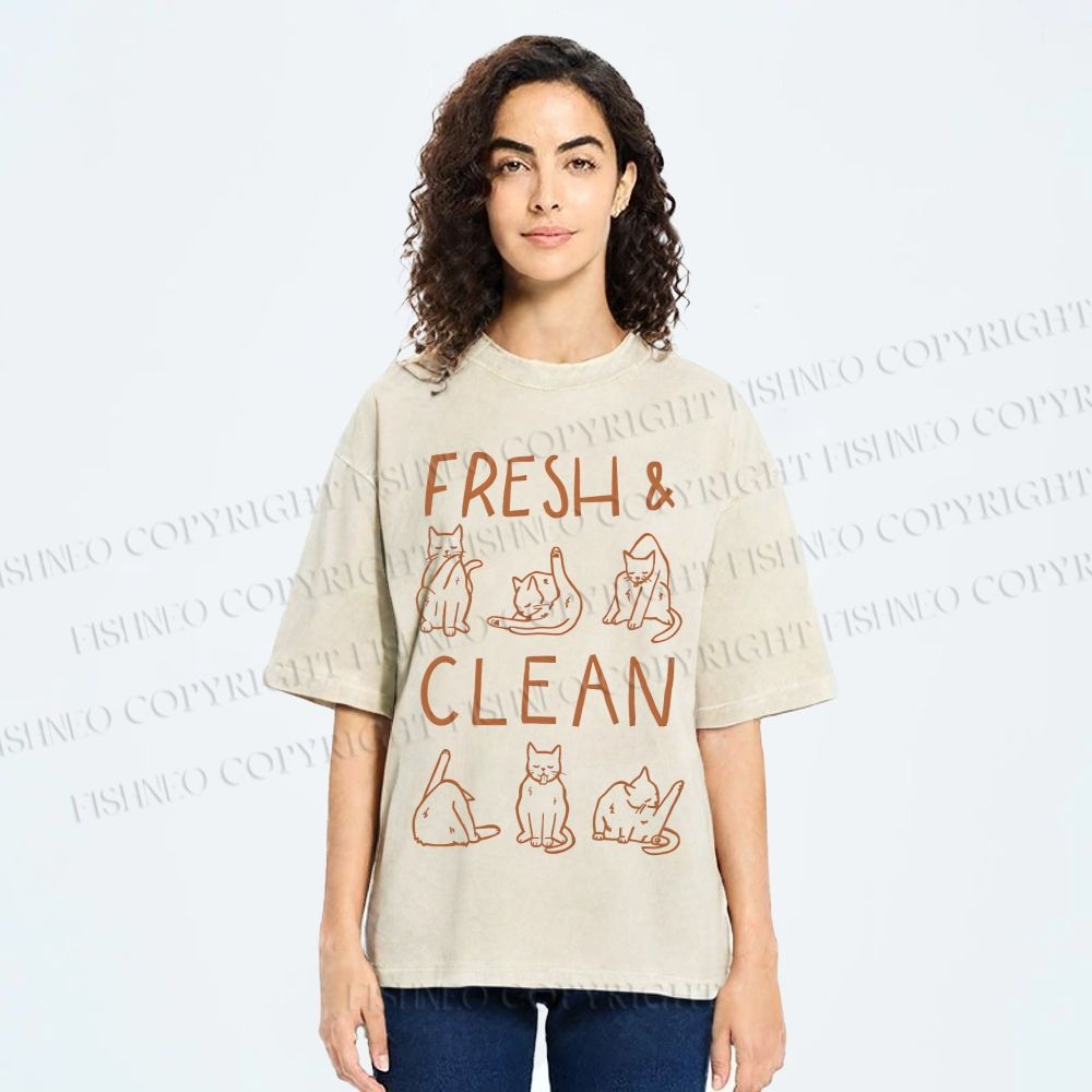 Unisex Fresh & Clean Cat Printed Washed Tee