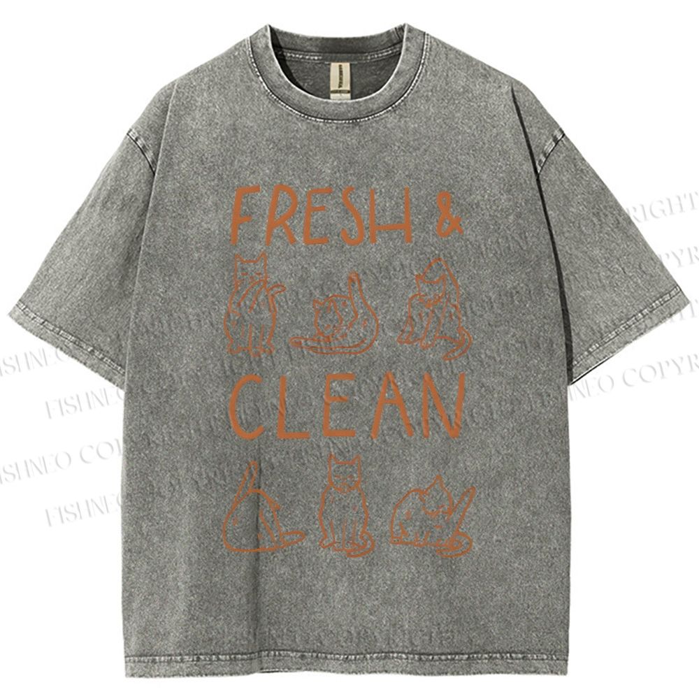 Unisex Fresh & Clean Cat Printed Washed Tee