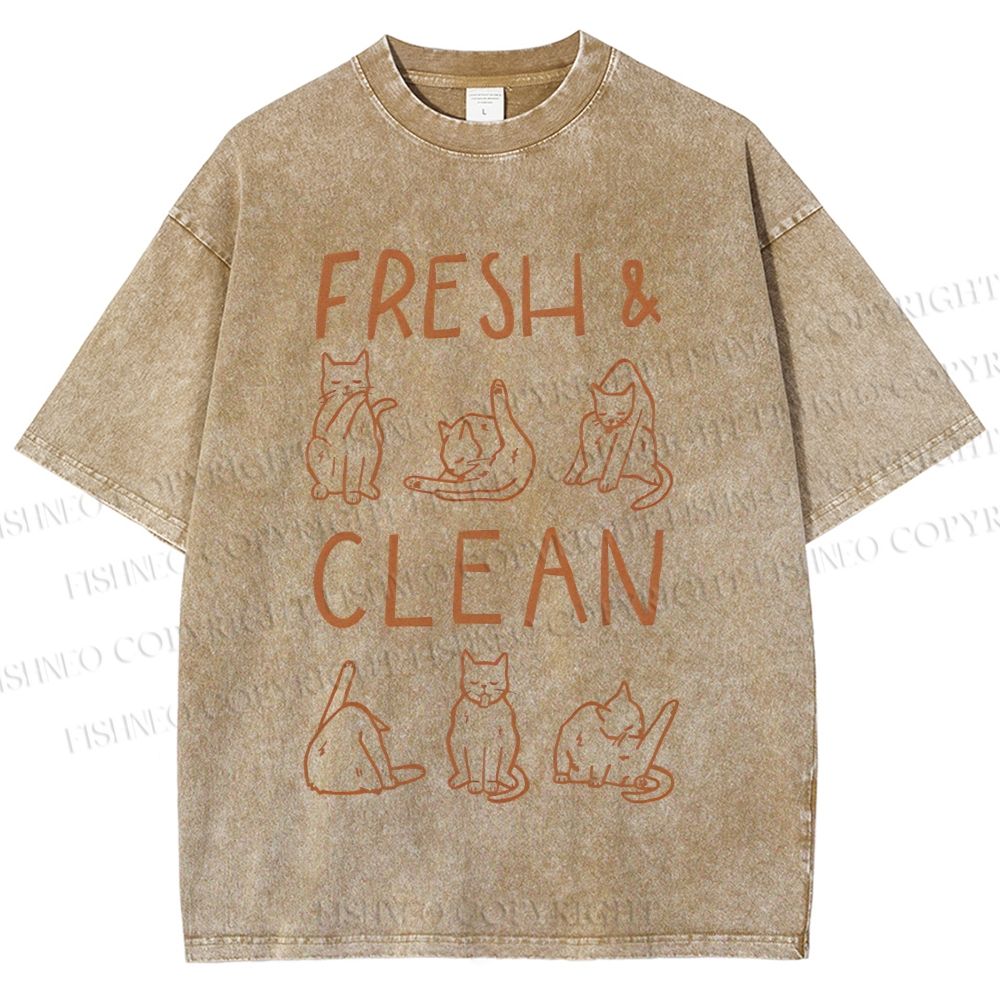 Unisex Fresh & Clean Cat Printed Washed Tee
