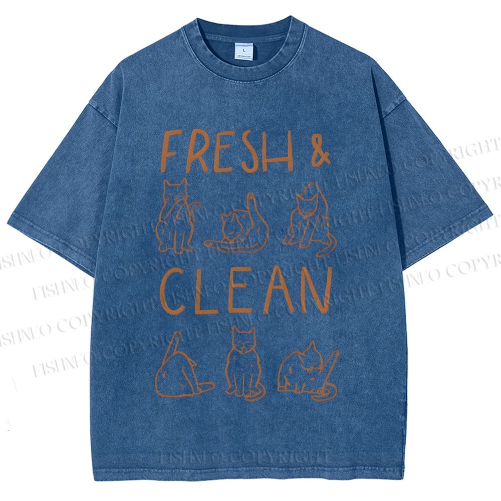 Unisex Fresh & Clean Cat Printed Washed Tee