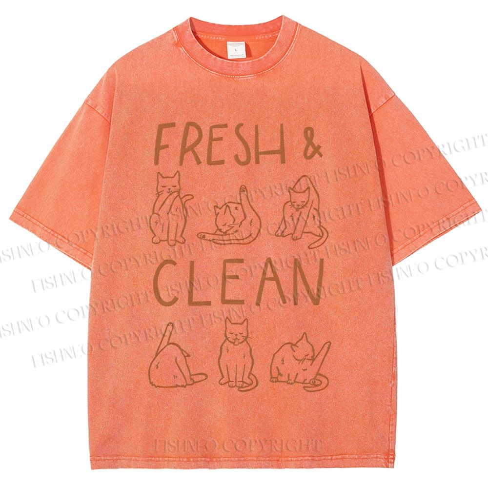 Unisex Fresh & Clean Cat Printed Washed Tee