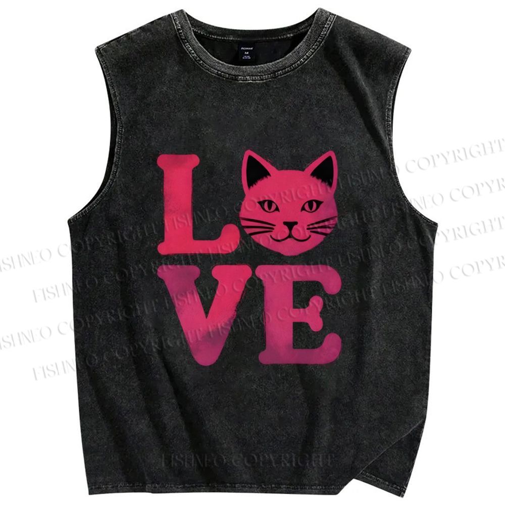 Unisex Love Cat Printed Washed Tank Top