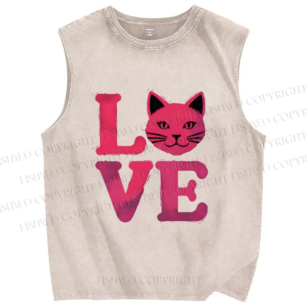 Unisex Love Cat Printed Washed Tank Top