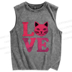 Unisex Love Cat Printed Washed Tank Top