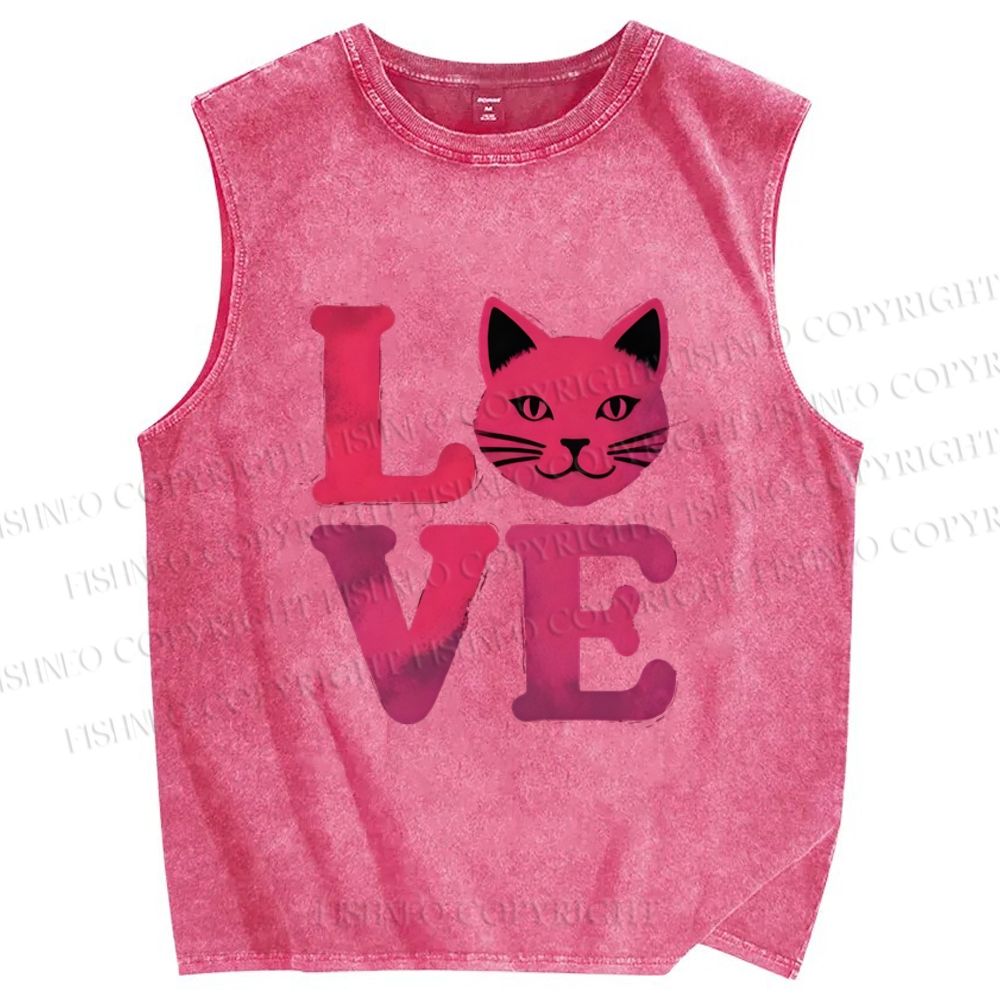 Unisex Love Cat Printed Washed Tank Top
