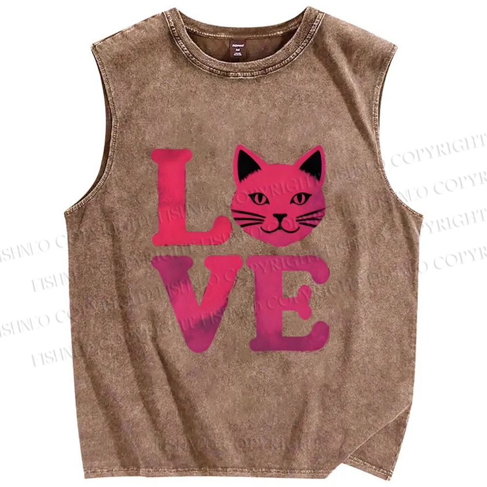 Unisex Love Cat Printed Washed Tank Top