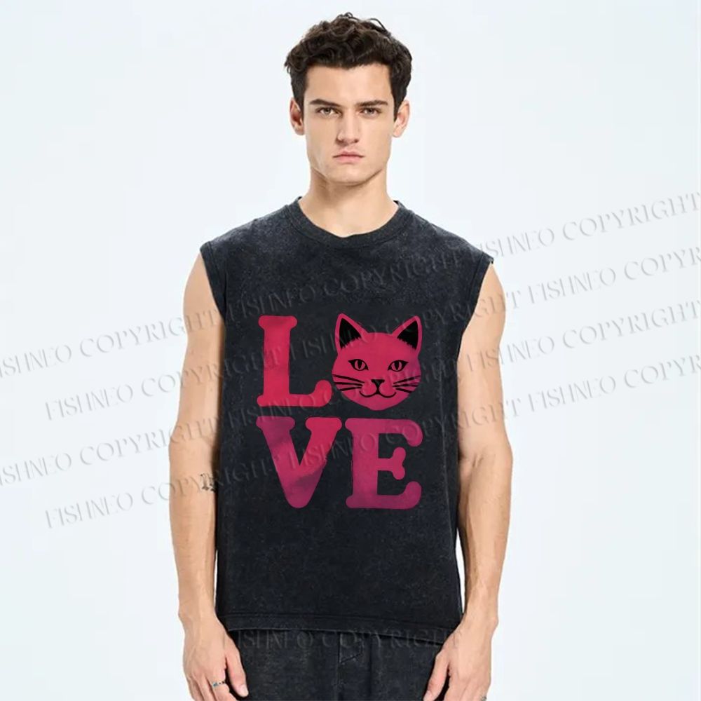 Unisex Love Cat Printed Washed Tank Top