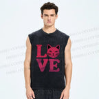 Unisex Love Cat Printed Washed Tank Top