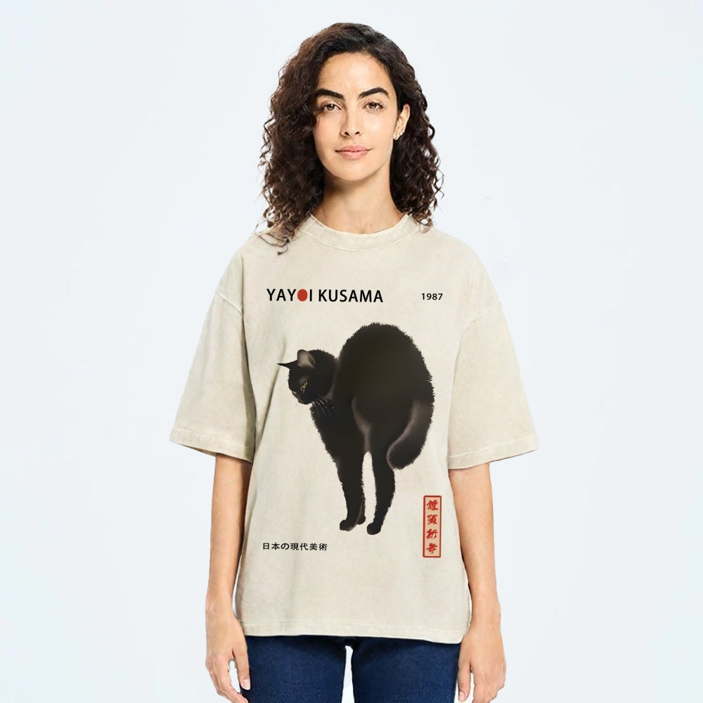 Unisex Yayoi Kusama Cat Vintage Wash Japanese Design T-Shirt