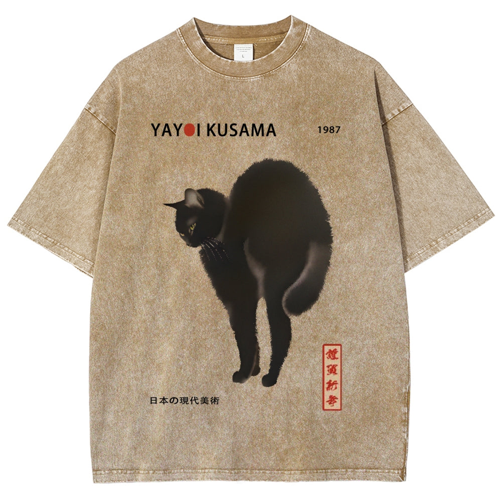 Unisex Yayoi Kusama Cat Vintage Wash Japanese Design T-Shirt