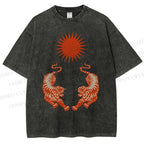 Unisex Japanese Style Vintage Tiger Printed Washed Tee