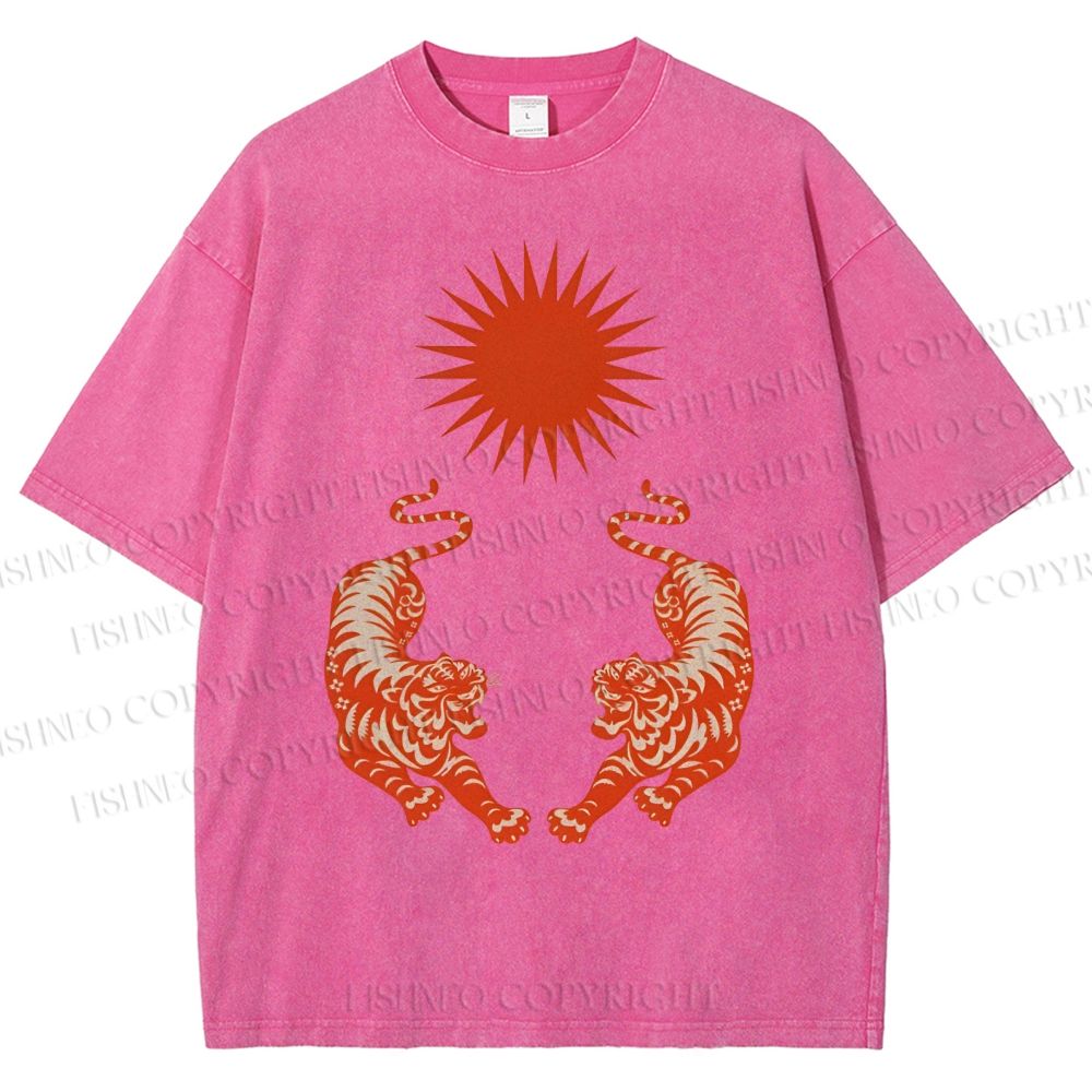 Unisex Japanese Style Vintage Tiger Printed Washed Tee