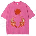 Unisex Japanese Style Vintage Tiger Printed Washed Tee