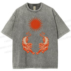 Unisex Japanese Style Vintage Tiger Printed Washed Tee