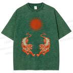 Unisex Japanese Style Vintage Tiger Printed Washed Tee