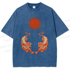 Unisex Japanese Style Vintage Tiger Printed Washed Tee