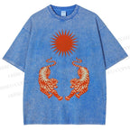 Unisex Japanese Style Vintage Tiger Printed Washed Tee