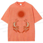Unisex Japanese Style Vintage Tiger Printed Washed Tee