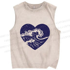 Unisex Wave in Heart Printed Washed Tank Top