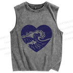 Unisex Wave in Heart Printed Washed Tank Top