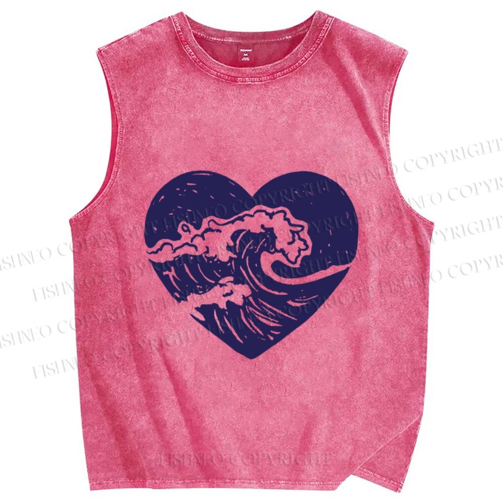 Unisex Wave in Heart Printed Washed Tank Top