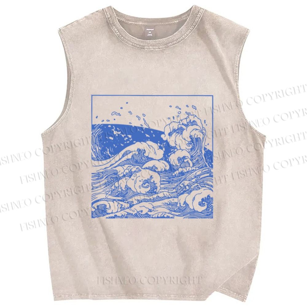 Unisex Japanese Line Wave Printed Washed Tank Top