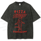 Unisex Pizza Dog Printed Washed Tee