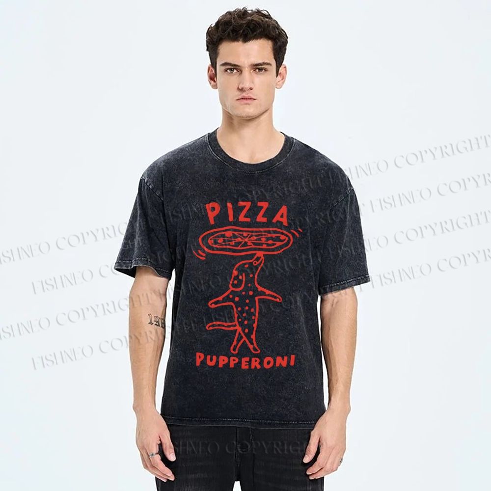 Unisex Pizza Dog Printed Washed Tee