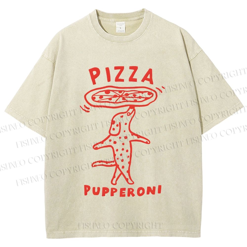 Unisex Pizza Dog Printed Washed Tee