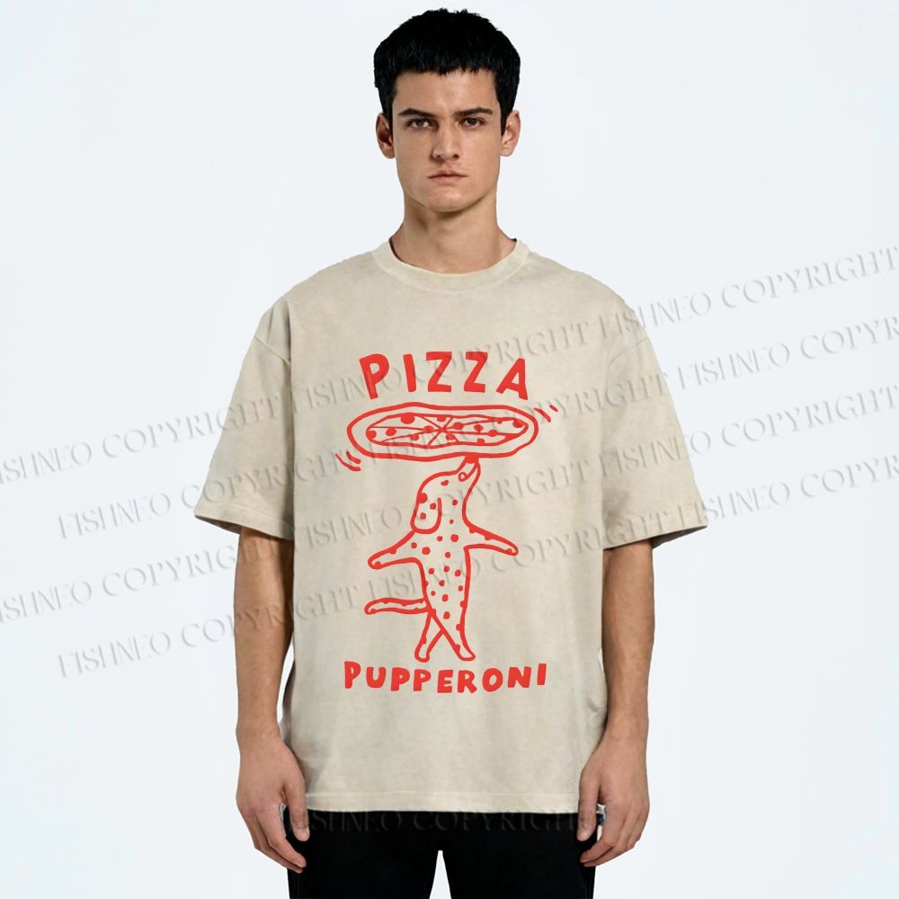 Unisex Pizza Dog Printed Washed Tee