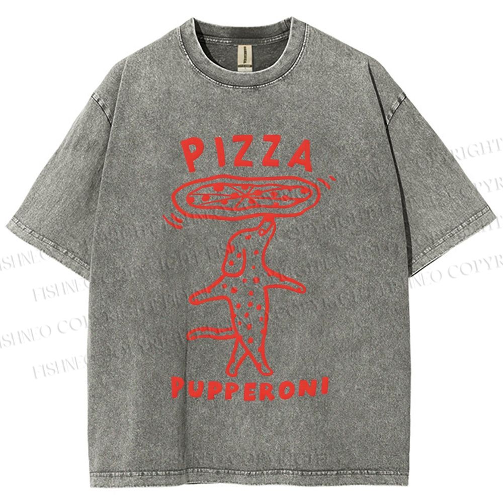 Unisex Pizza Dog Printed Washed Tee