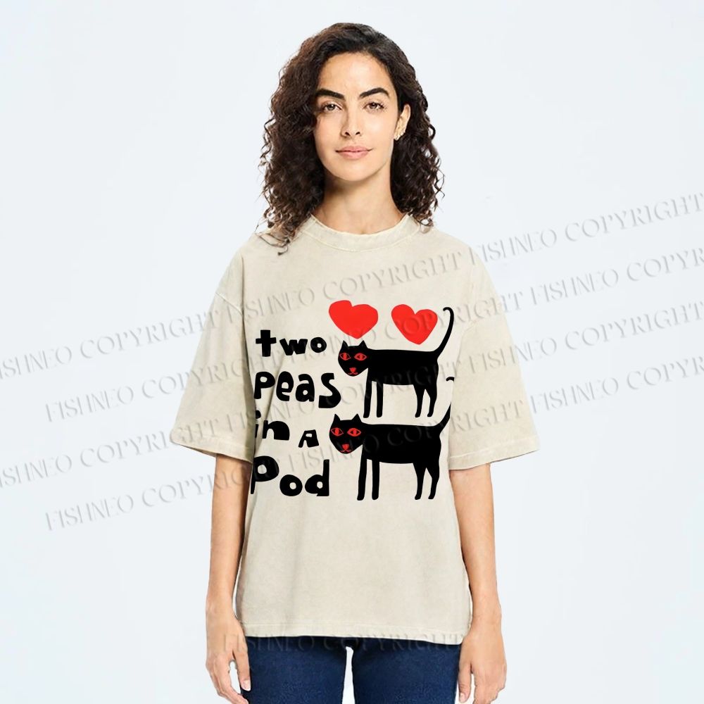 Unisex Two Peas In A Pod Cat Printed Washed Tee