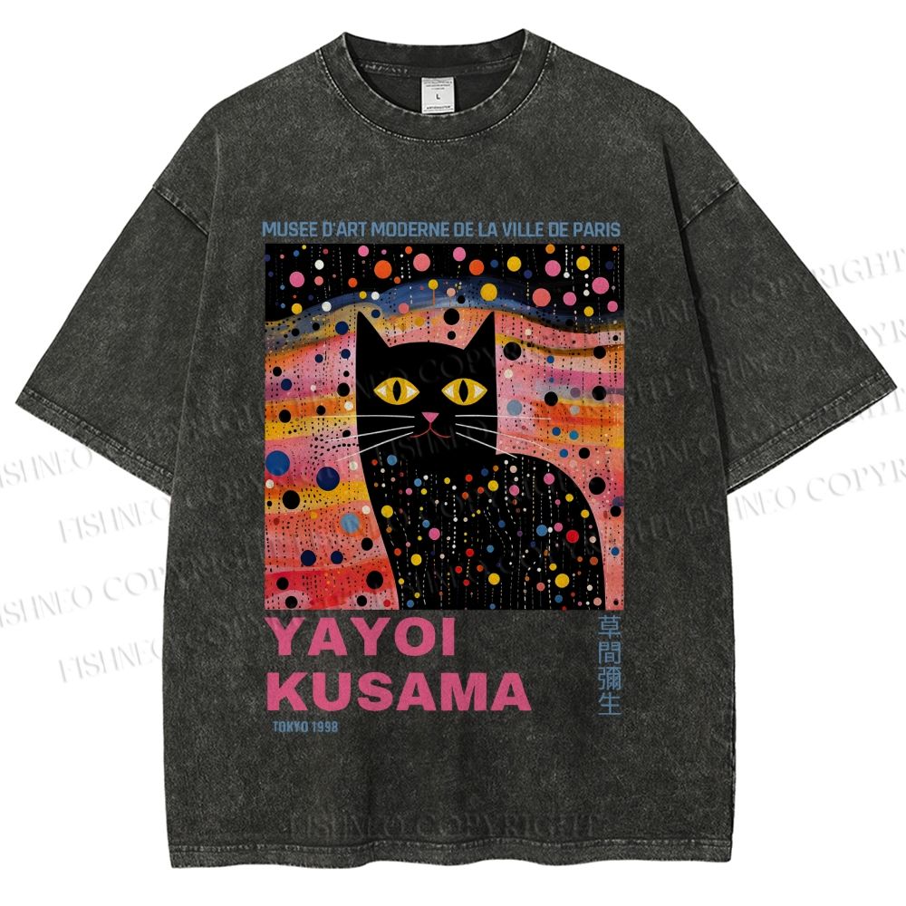Unisex Yayoi Kusama Black Cat With Dots Printed Washed Tee