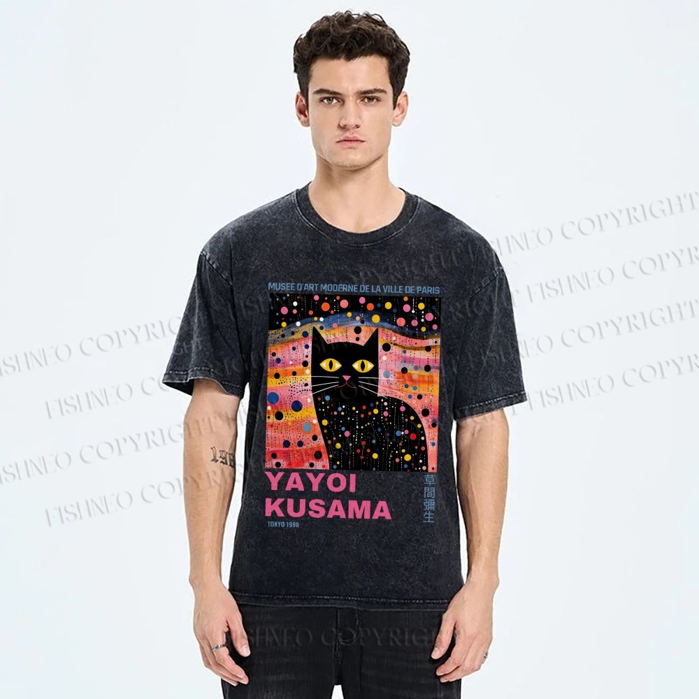 Unisex Yayoi Kusama Black Cat With Dots Printed Washed Tee