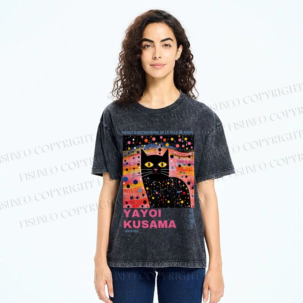 Unisex Yayoi Kusama Black Cat With Dots Printed Washed Tee