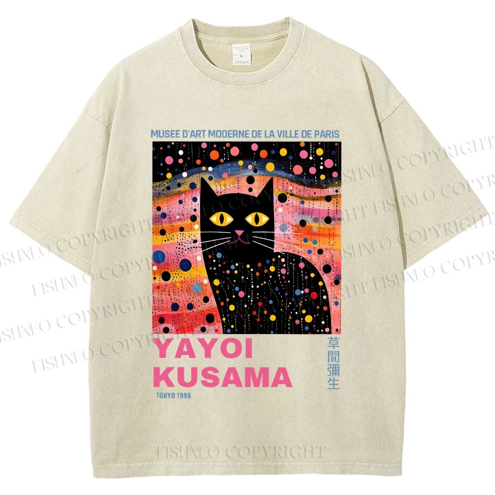 Unisex Yayoi Kusama Black Cat With Dots Printed Washed Tee